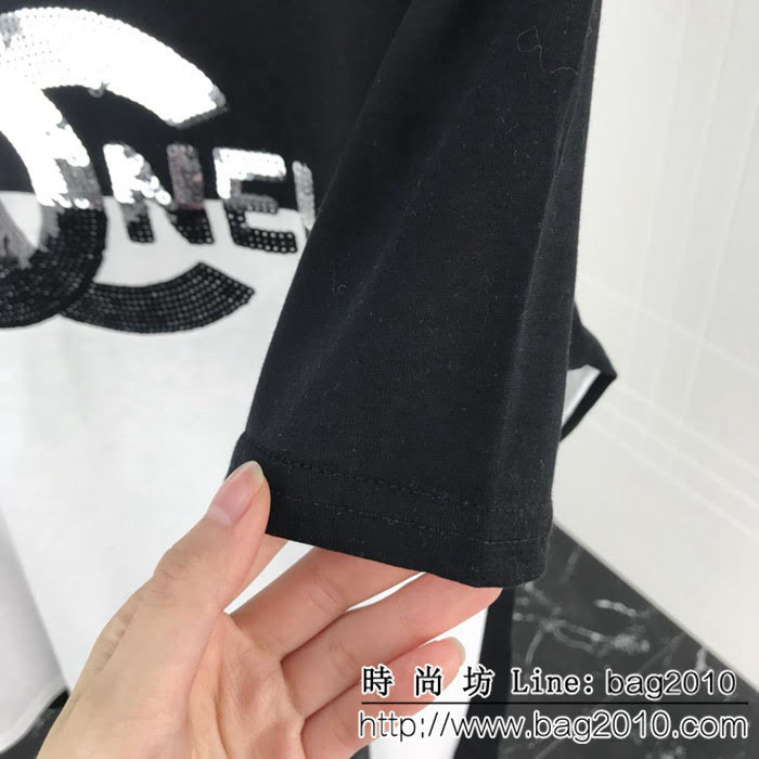 ChaneL香奈兒 19ss早春新款 黑白撞色珠片短袖 定制面料 高版本情侶款 ydi2378